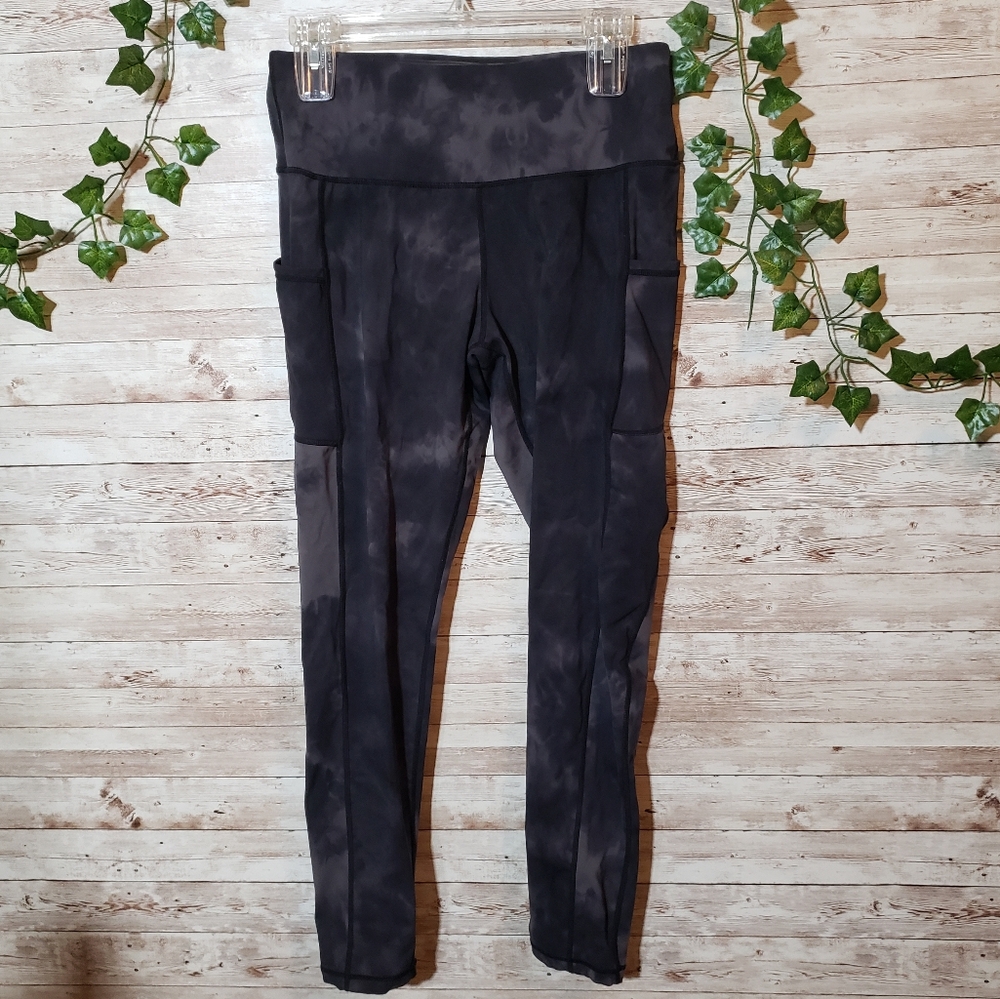 Black Grey Tie Dye Active Leggings Women's Side Pockets Gym Fitness Workout